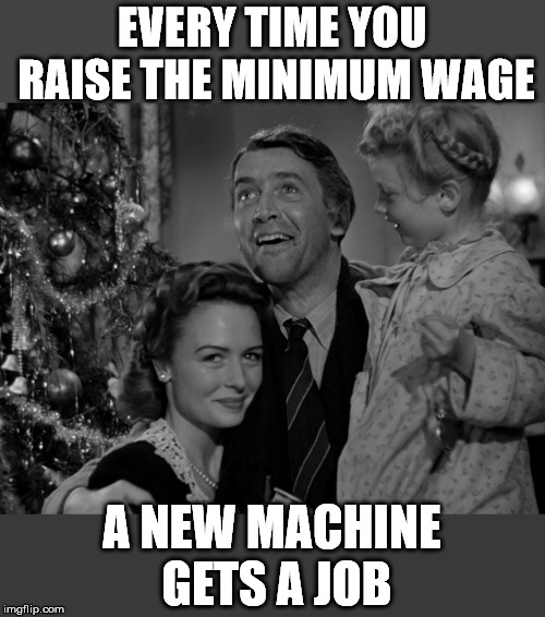 As wages go up, machines become financially viable. | EVERY TIME YOU RAISE THE MINIMUM WAGE; A NEW MACHINE GETS A JOB | image tagged in wonderful lif | made w/ Imgflip meme maker