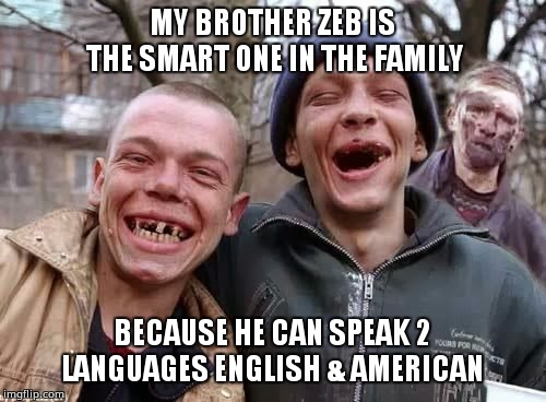 Toothless Hillbillies | MY BROTHER ZEB IS THE SMART ONE IN THE FAMILY; BECAUSE HE CAN SPEAK 2 LANGUAGES ENGLISH & AMERICAN | image tagged in toothless hillbillies | made w/ Imgflip meme maker