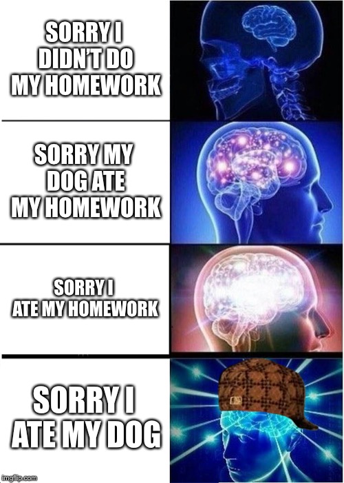 Expanding Brain | SORRY I DIDN’T DO MY HOMEWORK; SORRY MY DOG ATE MY HOMEWORK; SORRY I ATE MY HOMEWORK; SORRY I ATE MY DOG | image tagged in memes,expanding brain | made w/ Imgflip meme maker