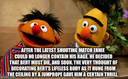 Enough is enough | AFTER THE LATEST SHOUTING MATCH ERNIE COULD NO LONGER CONTAIN HIS RAGE. HE DECIDED THAT BERT MUST DIE, AND SOON. THE VERY THOUGHT OF DECORATING BERT’S LIFELESS BODY AS IT HUNG FROM THE CEILING BY A JUMPROPE GAVE HIM A CERTAIN THRILL. | image tagged in bert and ernie,psycho eenie | made w/ Imgflip meme maker