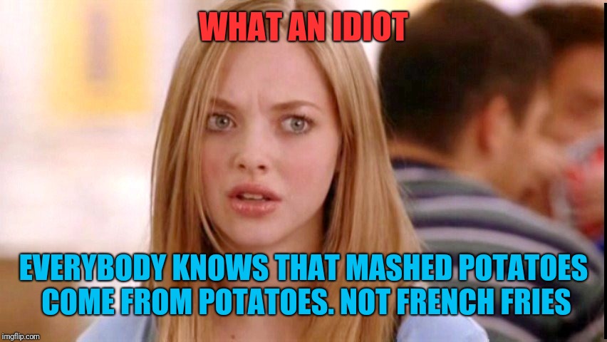 Dumb Blonde | WHAT AN IDIOT EVERYBODY KNOWS THAT MASHED POTATOES COME FROM POTATOES. NOT FRENCH FRIES | image tagged in dumb blonde | made w/ Imgflip meme maker