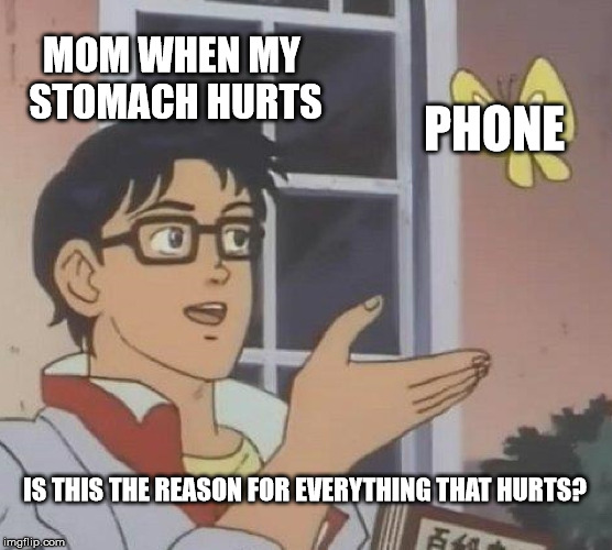 Phones |  MOM WHEN MY STOMACH HURTS; PHONE; IS THIS THE REASON FOR EVERYTHING THAT HURTS? | image tagged in memes,is this a pigeon | made w/ Imgflip meme maker
