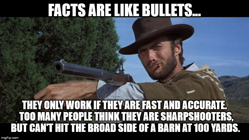 good bad ugly | FACTS ARE LIKE BULLETS... THEY ONLY WORK IF THEY ARE FAST AND ACCURATE.  TOO MANY PEOPLE THINK THEY ARE SHARPSHOOTERS, BUT CAN'T HIT THE BROAD SIDE OF A BARN AT 100 YARDS. | image tagged in good bad ugly | made w/ Imgflip meme maker