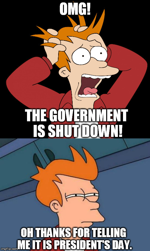Reality check, testing one two, testing one two..... | OMG! THE GOVERNMENT IS SHUT DOWN! OH THANKS FOR TELLING ME IT IS PRESIDENT'S DAY. | image tagged in memes,futurama fry,futurama fry screaming | made w/ Imgflip meme maker