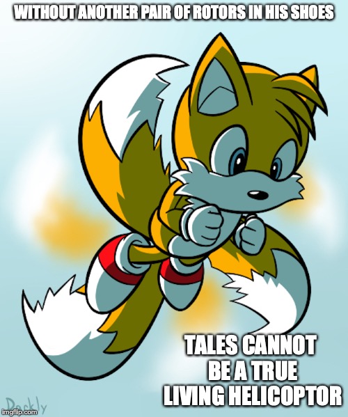Tales | WITHOUT ANOTHER PAIR OF ROTORS IN HIS SHOES; TALES CANNOT BE A TRUE LIVING HELICOPTOR | image tagged in tales,sonic the hedgehog,memes | made w/ Imgflip meme maker
