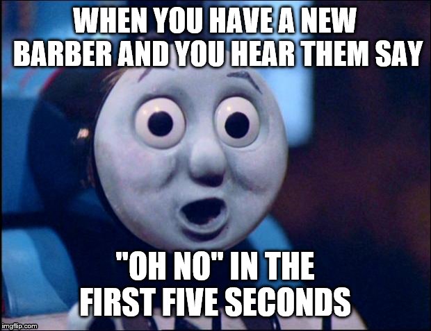 oh shit thomas | WHEN YOU HAVE A NEW BARBER AND YOU HEAR THEM SAY; "OH NO" IN THE FIRST FIVE SECONDS | image tagged in oh shit thomas | made w/ Imgflip meme maker