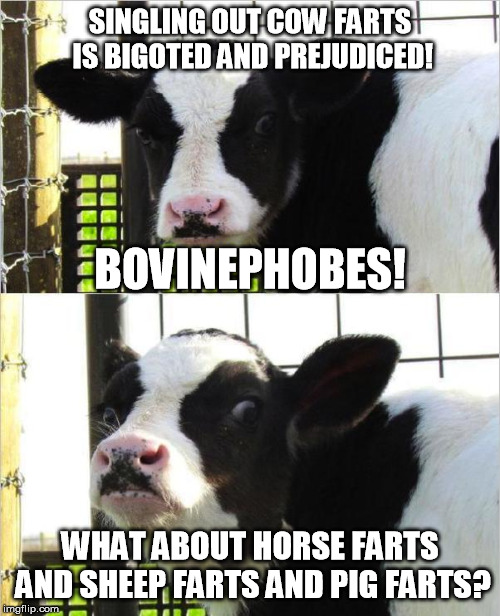 If you oppose cow farts you're just being a bovinephobe. | SINGLING OUT COW FARTS IS BIGOTED AND PREJUDICED! BOVINEPHOBES! WHAT ABOUT HORSE FARTS AND SHEEP FARTS AND PIG FARTS? | image tagged in cows | made w/ Imgflip meme maker