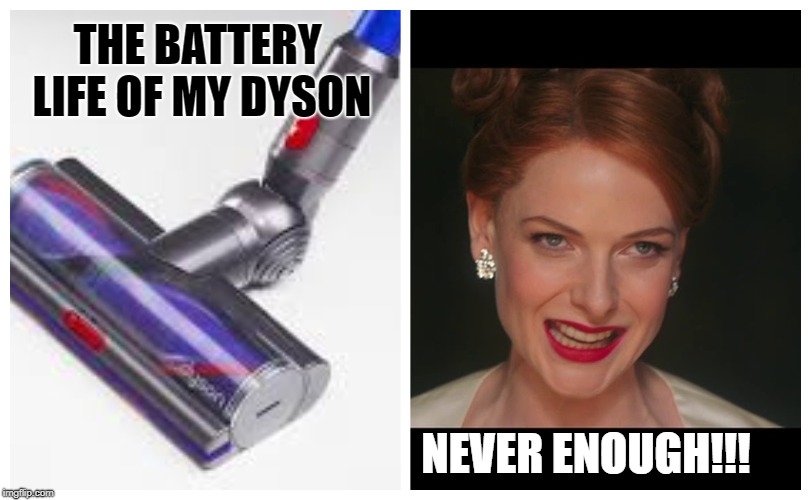 dyson bl | THE BATTERY LIFE OF MY DYSON; NEVER ENOUGH!!! | image tagged in funny,first world problems | made w/ Imgflip meme maker