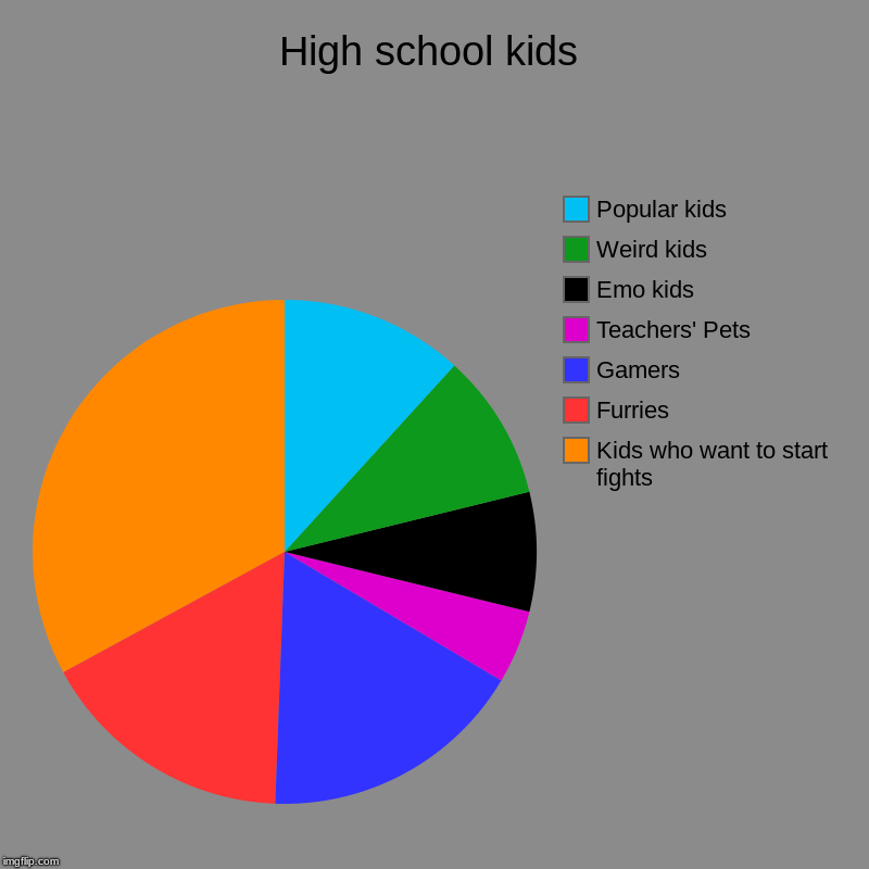 High school kids | Kids who want to start fights, Furries, Gamers, Teachers' Pets, Emo kids, Weird kids, Popular kids | image tagged in charts,pie charts | made w/ Imgflip chart maker