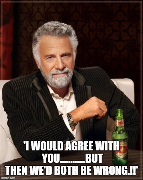 The Most Interesting Man In The World Meme | 'I WOULD AGREE WITH YOU............BUT THEN WE'D BOTH BE WRONG.!!' | image tagged in memes,the most interesting man in the world | made w/ Imgflip meme maker