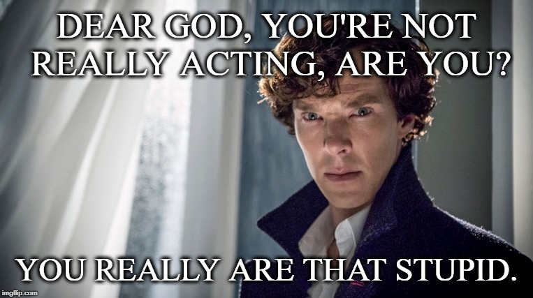 Sherlock you really that stupid | DEAR GOD, YOU'RE NOT REALLY ACTING, ARE YOU? YOU REALLY ARE THAT STUPID. | image tagged in sherlock,sherlock holmes | made w/ Imgflip meme maker