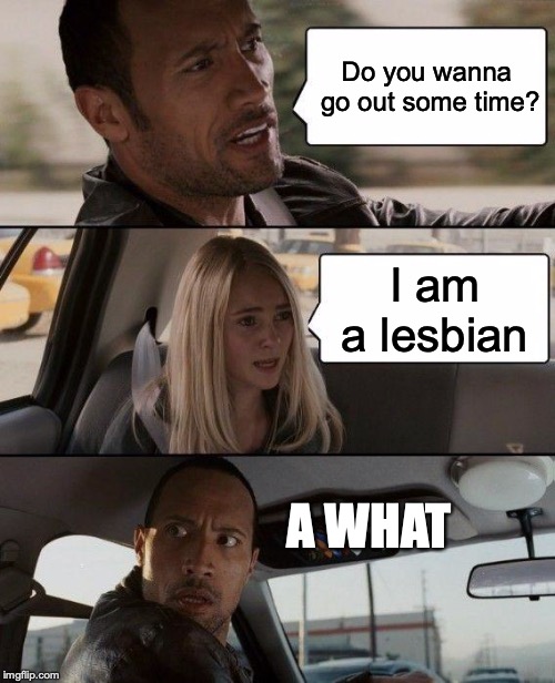 The Rock Driving Meme | Do you wanna go out some time? I am a lesbian; A WHAT | image tagged in memes,the rock driving | made w/ Imgflip meme maker