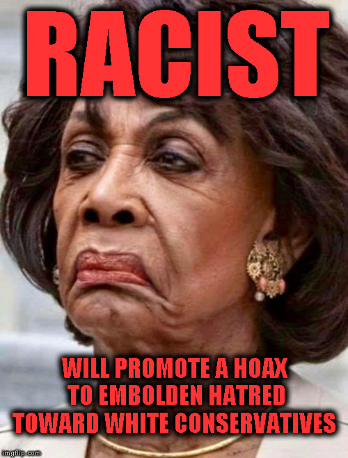 Maxine Waters | RACIST; WILL PROMOTE A HOAX TO EMBOLDEN HATRED TOWARD WHITE CONSERVATIVES | image tagged in maxine waters | made w/ Imgflip meme maker