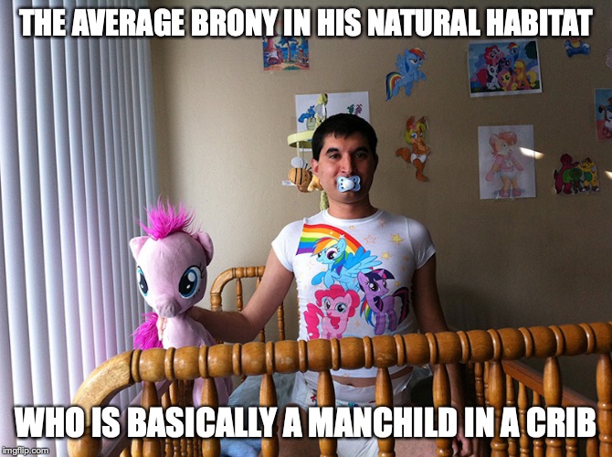 Brony in Diaper | THE AVERAGE BRONY IN HIS NATURAL HABITAT; WHO IS BASICALLY A MANCHILD IN A CRIB | image tagged in brony,my little pony,manchild,memes,funny | made w/ Imgflip meme maker