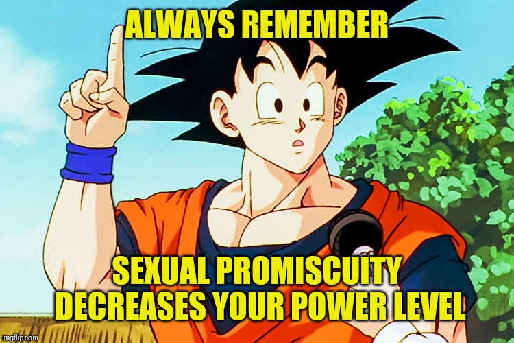 Goku's wisdom
 | ALWAYS REMEMBER; SEXUAL PROMISCUITY DECREASES YOUR POWER LEVEL | image tagged in goku pointing | made w/ Imgflip meme maker