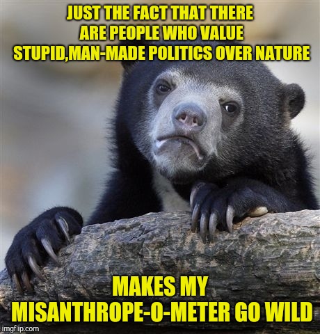 Confession Bear Meme | JUST THE FACT THAT THERE ARE PEOPLE WHO VALUE STUPID,MAN-MADE POLITICS OVER NATURE MAKES MY MISANTHROPE-O-METER GO WILD | image tagged in memes,confession bear | made w/ Imgflip meme maker