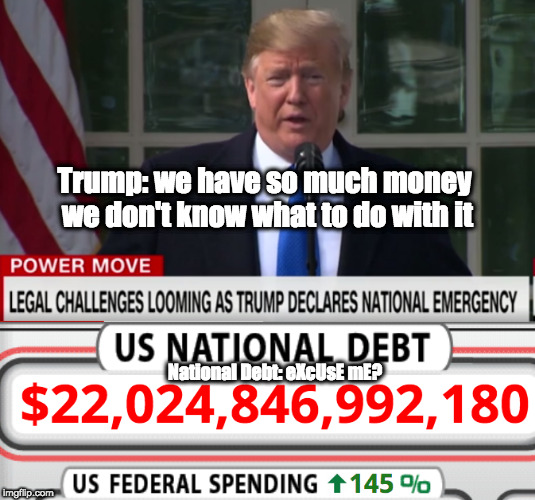 National Emergency | Trump: we have so much money we don't know what to do with it; National Debt: eXcUsE mE? | image tagged in donald trump,national,national debt,president trump,trump,money | made w/ Imgflip meme maker