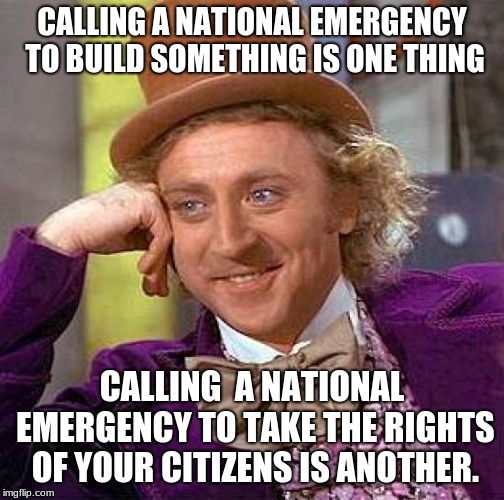 Creepy Condescending Wonka Meme |  CALLING A NATIONAL EMERGENCY TO BUILD SOMETHING IS ONE THING; CALLING  A NATIONAL EMERGENCY TO TAKE THE RIGHTS OF YOUR CITIZENS IS ANOTHER. | image tagged in memes,creepy condescending wonka | made w/ Imgflip meme maker