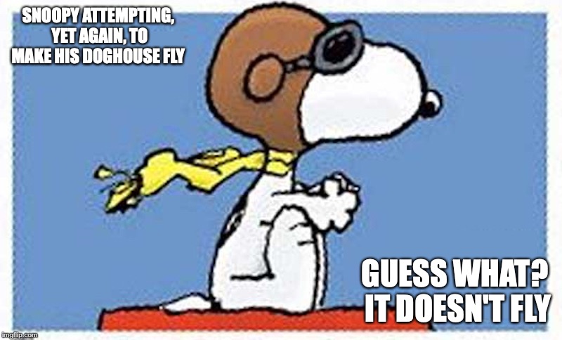 Snoopy as a Pilot | SNOOPY ATTEMPTING, YET AGAIN, TO MAKE HIS DOGHOUSE FLY; GUESS WHAT? IT DOESN'T FLY | image tagged in pilot,snoopy,peanuts,memes | made w/ Imgflip meme maker
