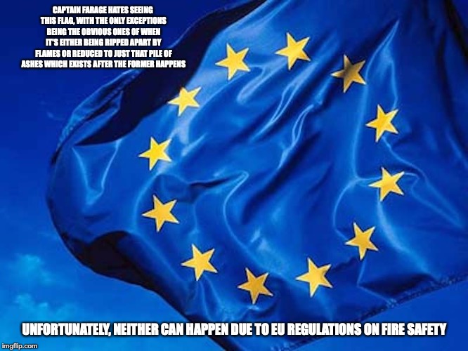 EU Flag | CAPTAIN FARAGE HATES SEEING THIS FLAG, WITH THE ONLY EXCEPTIONS BEING THE OBVIOUS ONES OF WHEN IT'S EITHER BEING RIPPED APART BY FLAMES OR REDUCED TO JUST THAT PILE OF ASHES WHICH EXISTS AFTER THE FORMER HAPPENS; UNFORTUNATELY, NEITHER CAN HAPPEN DUE TO EU REGULATIONS ON FIRE SAFETY | image tagged in eu,flag,nigel farage,memes | made w/ Imgflip meme maker