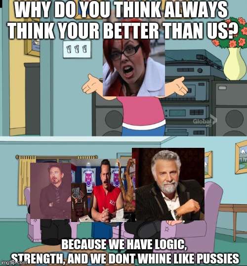 Meg Family Guy Better than me | WHY DO YOU THINK ALWAYS THINK YOUR BETTER THAN US? BECAUSE WE HAVE LOGIC, STRENGTH, AND WE DONT WHINE LIKE PUSSIES | image tagged in meg family guy better than me | made w/ Imgflip meme maker