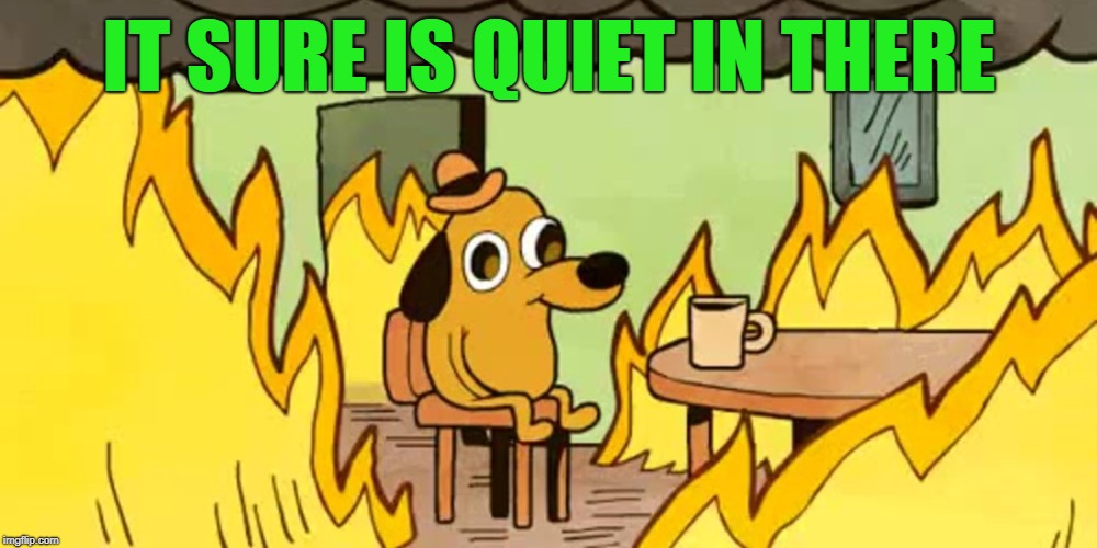 Dog on fire | IT SURE IS QUIET IN THERE | image tagged in dog on fire | made w/ Imgflip meme maker