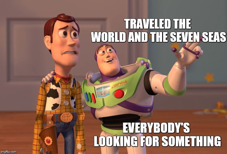 X, X Everywhere Meme | TRAVELED THE WORLD AND THE SEVEN SEAS EVERYBODY'S LOOKING FOR SOMETHING | image tagged in memes,x x everywhere | made w/ Imgflip meme maker