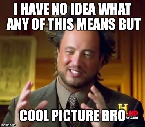 Ancient Aliens Meme | I HAVE NO IDEA WHAT ANY OF THIS MEANS BUT COOL PICTURE BRO | image tagged in memes,ancient aliens | made w/ Imgflip meme maker