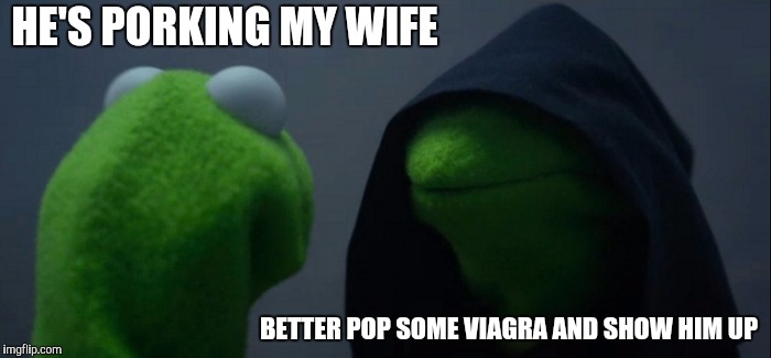 Evil Kermit Meme | HE'S PORKING MY WIFE BETTER POP SOME VIAGRA AND SHOW HIM UP | image tagged in memes,evil kermit | made w/ Imgflip meme maker