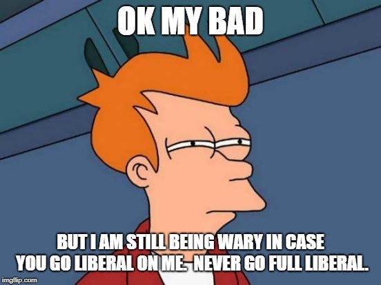 Futurama Fry Meme | OK MY BAD BUT I AM STILL BEING WARY IN CASE YOU GO LIBERAL ON ME.  NEVER GO FULL LIBERAL. | image tagged in memes,futurama fry | made w/ Imgflip meme maker