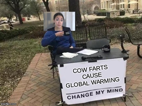 Does she have a mind to change? | COW FARTS CAUSE GLOBAL WARMING | image tagged in change my mind,memes,crazy alexandria ocasio-cortez,global warming,cows,farts | made w/ Imgflip meme maker