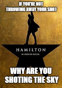 Alexander Hamilton | IF YOU'RE NOT THROWING AWAY YOUR SHOT; WHY ARE YOU SHOOTING THE SKY | image tagged in hamilton | made w/ Imgflip meme maker