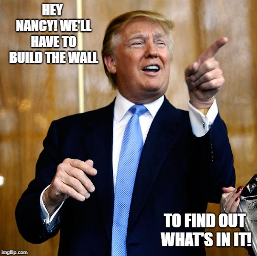 I think he sould have used the pen adn a phone line and just built the damn thing.  | HEY NANCY! WE'LL HAVE TO BUILD THE WALL; TO FIND OUT WHAT'S IN IT! | image tagged in donal trump birthday,trump wall,nancy pelosi is crazy,liberal hypocrisy,build a wall | made w/ Imgflip meme maker