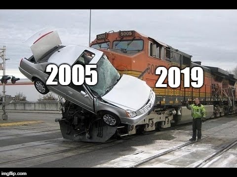 Car Crash | 2019; 2005 | image tagged in car crash | made w/ Imgflip meme maker
