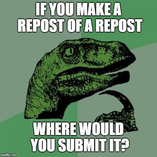Philosoraptor Meme | IF YOU MAKE A REPOST OF A REPOST; WHERE WOULD YOU SUBMIT IT? | image tagged in memes,philosoraptor | made w/ Imgflip meme maker