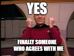 Picard yessssss | YES FINALLY SOMEONE   WHO AGREES WITH ME | image tagged in picard yessssss | made w/ Imgflip meme maker