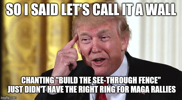 Thinking level: PRESIDENTIAL | SO I SAID LET'S CALL IT A WALL; CHANTING "BUILD THE SEE-THROUGH FENCE" JUST DIDN'T HAVE THE RIGHT RING FOR MAGA RALLIES | image tagged in donald trump,trump,build the wall | made w/ Imgflip meme maker