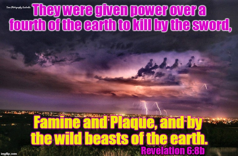 They were given power over a fourth of the earth to kill by the sword, Famine and Plaque, and by the wild beasts of the earth. Revelation 6:8b | made w/ Imgflip meme maker