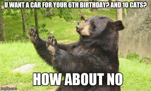 How About No Bear Meme | U WANT A CAR FOR YOUR 6TH BIRTHDAY? AND 10 CATS? | image tagged in memes,how about no bear | made w/ Imgflip meme maker