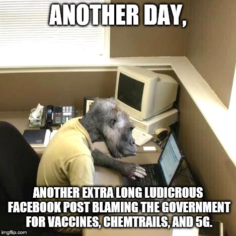 Monkey Business | ANOTHER DAY, ANOTHER EXTRA LONG LUDICROUS FACEBOOK POST BLAMING THE GOVERNMENT FOR VACCINES, CHEMTRAILS, AND 5G. | image tagged in memes,monkey business | made w/ Imgflip meme maker