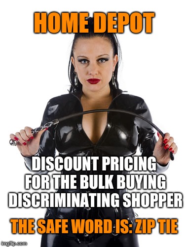 mistress | HOME DEPOT THE SAFE WORD IS: ZIP TIE DISCOUNT PRICING FOR THE BULK BUYING DISCRIMINATING SHOPPER | image tagged in mistress,memes,home depot,bondage bdsm,safe word | made w/ Imgflip meme maker