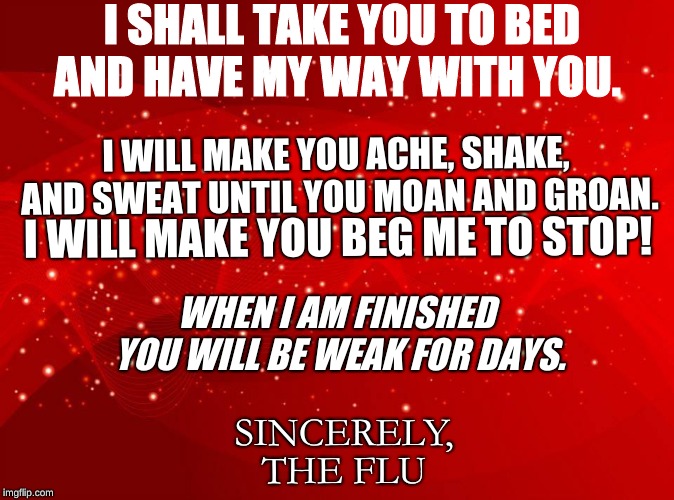 Red Background | I SHALL TAKE YOU TO BED AND HAVE MY WAY WITH YOU. I WILL MAKE YOU ACHE, SHAKE, AND SWEAT UNTIL YOU MOAN AND GROAN. I WILL MAKE YOU BEG ME TO STOP! WHEN I AM FINISHED YOU WILL BE WEAK FOR DAYS. SINCERELY, THE FLU | image tagged in red background | made w/ Imgflip meme maker