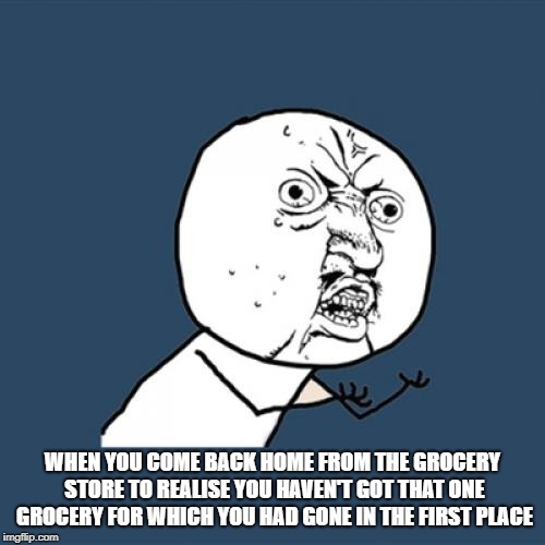Y U No Meme | WHEN YOU COME BACK HOME FROM THE GROCERY STORE TO REALISE YOU HAVEN'T GOT THAT ONE GROCERY FOR WHICH YOU HAD GONE IN THE FIRST PLACE | image tagged in memes,y u no | made w/ Imgflip meme maker