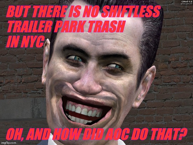. | BUT THERE IS NO SHIFTLESS TRAILER PARK TRASH            IN NYC OH, AND HOW DID AOC DO THAT? | image tagged in g-man from half-life | made w/ Imgflip meme maker