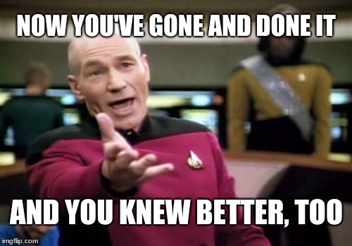 Picard Wtf Meme | NOW YOU'VE GONE AND DONE IT AND YOU KNEW BETTER, TOO | image tagged in memes,picard wtf | made w/ Imgflip meme maker