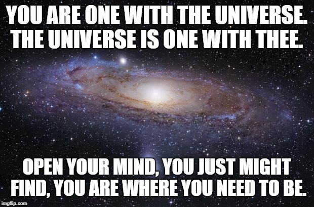 God Religion Universe | YOU ARE ONE WITH THE UNIVERSE. THE UNIVERSE IS ONE WITH THEE. OPEN YOUR MIND, YOU JUST MIGHT FIND, YOU ARE WHERE YOU NEED TO BE. | image tagged in god religion universe | made w/ Imgflip meme maker