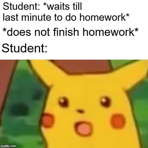 Surprised Pikachu Meme | Student: *waits till last minute to do homework*; *does not finish homework*; Student: | image tagged in memes,surprised pikachu | made w/ Imgflip meme maker