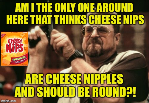 Cheesy Debate | AM I THE ONLY ONE AROUND HERE THAT THINKS CHEESE NIPS; ARE CHEESE NIPPLES AND SHOULD BE ROUND?! | image tagged in memes,am i the only one around here | made w/ Imgflip meme maker