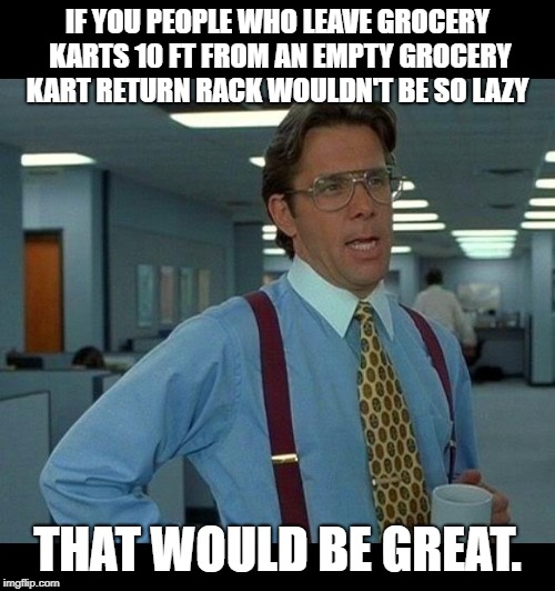 Don't be so lazy, people !  | IF YOU PEOPLE WHO LEAVE GROCERY KARTS 10 FT FROM AN EMPTY GROCERY KART RETURN RACK WOULDN'T BE SO LAZY; THAT WOULD BE GREAT. | image tagged in laziness | made w/ Imgflip meme maker