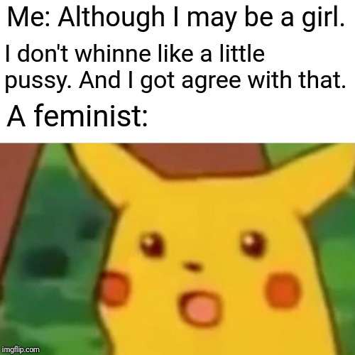 Surprised Pikachu Meme | Me: Although I may be a girl. I don't whinne like a little pussy. And I got agree with that. A feminist: | image tagged in memes,surprised pikachu | made w/ Imgflip meme maker